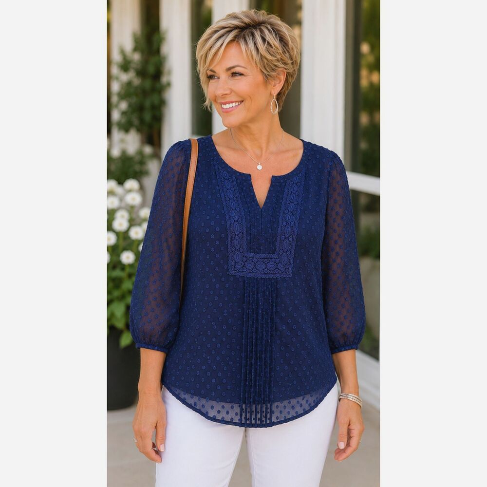 ELLE Women’s XL Estate Blue Swiss Dot Sheer Lace Trim 3/4 Sleeve Blouse  #11